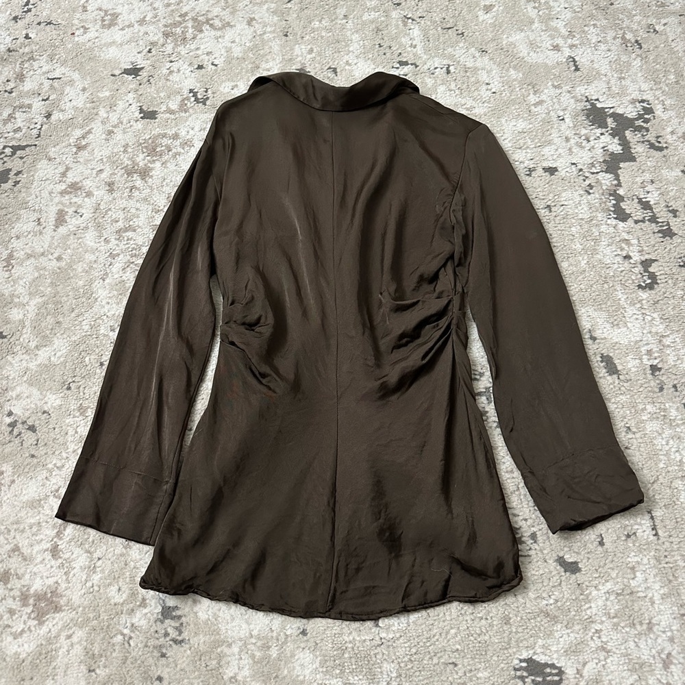 Zara Brown Satin Silk Keyhole Long Sleeve Fitted Button Down Shirt Top Size M - Picture 3 of 4